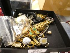 Tray of vintage costume jewellery including silver bracelet, gold plated watch brooches, etc and 2 c