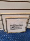 Lee Campbell; a pair of modern oils of Tugs and Ferry stuck on tubs and two pencil drawings by the s