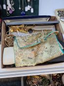 Tray of modern costume jewellery including watches, large gold plated locket chains, brooches, etc
