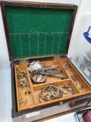 Antique mahogany jewellery box containing mostly silver items incl. silver nurses buckle decorated w