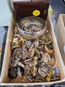 Tray of silver and white metal jewellery and large selection of dress rings