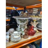 A selection of chinaware, including vases, etc and Dresden china and a carved wooden Deity and femal