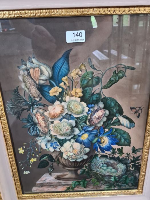 An early 19th Century, still life watercolour of vase of flowers with next of eggs, unsigned but ins - Image 2 of 2