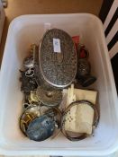 A small tub of collectible items including some costume jewellery