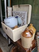 A sundry lot to include stoneware flagons and an enamelled bread bin