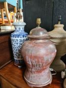 A Chinese blue and white porcelain table lamp and 4 others (one of the pair damaged)