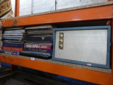 A vintage defiant record player and a quantity of vinyl LPs mostly easy listening