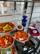 Four 1970s Poole plates, an enamel pill box and glassware