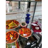 Four 1970s Poole plates, an enamel pill box and glassware