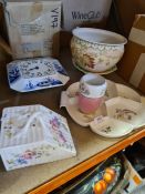 Two miscellaneous boxes of china consisting of blue and white willow, etc