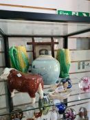 A Beswick Hereford Bull (chipped foot), two Majolica style jugs, a ginger jar and sundry