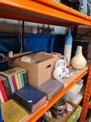 Figurines, paperweights, books and Poole pottery, etc, vases and a walking stick, etc