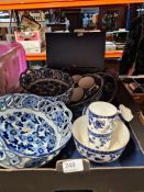 A selection of blue and white china, wooden box, a Lazy Susan, glassware, some Coalport items, etc