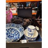 A selection of blue and white china, wooden box, a Lazy Susan, glassware, some Coalport items, etc