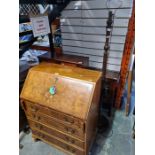 A wooden standard lamp Walnut veneered bureau with key and 2 glazed display cabinets