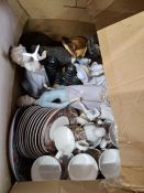 A box of mixed china, including a pair of binoculars