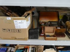 A box of collectible treen items, writing slope, metalware, etc