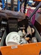 An old 'Kodascope' eight projector, hand held cine, wooden tea caddy and a selection of china, etc