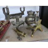 A selection of brass scientific instruments including microscope, etc