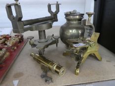 A selection of brass scientific instruments including microscope, etc