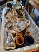 A box of mixed china, glass and silver plate