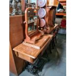 A Singer treadle sewing machine table (no contents), a Victorian dressing mirror and a three tier ca