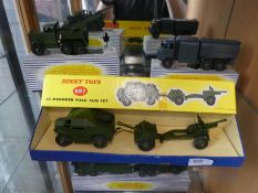 Vintage Dinky set 697 25 Pounder Field Gun set, Dinky Fuel Bowser, and one other, boxed