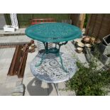 Two cast metal garden tables