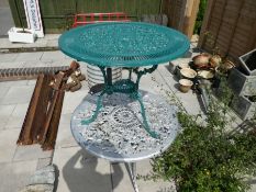 Two cast metal garden tables