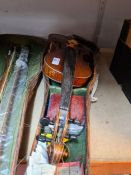 An old Violin having label for Nach Stradavarius with two bows and case, length 14" back