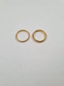 2 22ct yellow gold wedding bands, sizes P&R, both marked 22 approx 7.71g