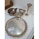 A Thomas Morley silver toddy ladle bail AF, with a small silver tray and pierced silver dish, a smal