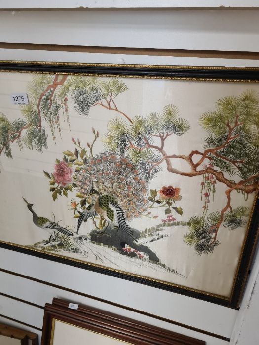 A 20the Century Chinese silk of peacocks beside tree and 4 other Oriental pictures of figures - Image 2 of 8