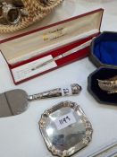 A silver cased salt set having half reeded body and pointed oval form with matching shell design sal