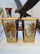 A pair of hand painted Coalport vases of square form, 12cms