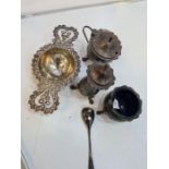 Silver cruet set items, as found, two having Bristol Blue inserts, and decorative feet, and scallope