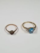 9ct yellow gold dress ring, with oval blue topaz, and diamond chips to the shoulders, size W, togeth