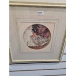 W. Russell Flint; a coloured print of semi nude with circular mount, apparently signed underneath