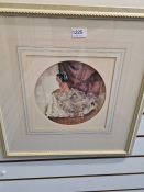 W. Russell Flint; a coloured print of semi nude with circular mount, apparently signed underneath