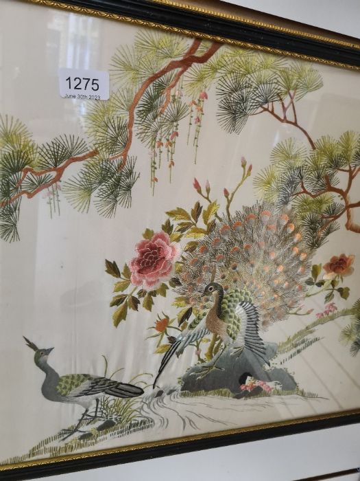 A 20the Century Chinese silk of peacocks beside tree and 4 other Oriental pictures of figures - Image 4 of 8