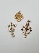 3 Pretty Art Nouveau 9ct gold pendants one a pearl example, one a seed pearl and amethyst example an