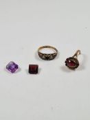 A broken garnet ring, 15ct gold seed pearl and garnet dress ring and two loose gemstones (amethyst a