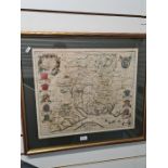 A mid 17th Century map of Hampshire 'Hantonia' by Blaen, Spanish edition, size 52 x 44cms, glazed fr