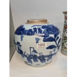 A 19th Century blue and white ginger jar (no lid) having all round decoration of figures, trees and