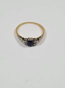 Antique 18ct yellow gold dress ring with central square cut sapphire flanked with two illusion set d