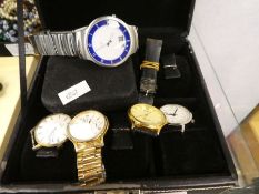 Leather watch box containing various watches including Rotary Moonphase example