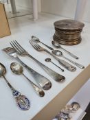 A pair of Georgian Irish silver forks hallmarked Dublin 1800. Also with other silver flatware, and a