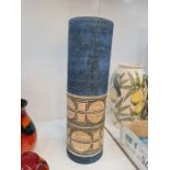 Troika; a large cylindrical vase with lower band decorated shapes, 37cms