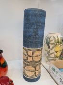 Troika; a large cylindrical vase with lower band decorated shapes, 37cms