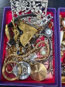 Two boxes mixed costume jewellery and watches, bangle, brooches, etc